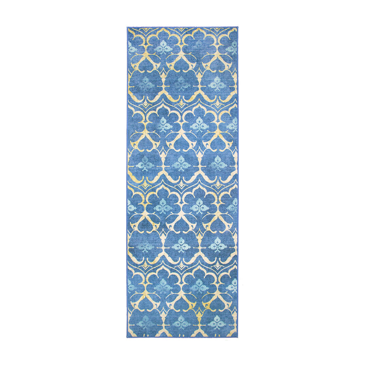 Leilani Damask Blue Machine Washable Rug